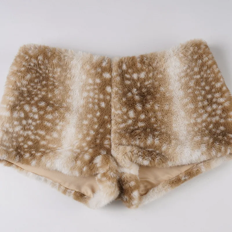 Winter Retro Style Deer Pattern Fluffy Splicing Shorts Women Wasteland Style Spice Girl Booty Shorts High Street Bottom