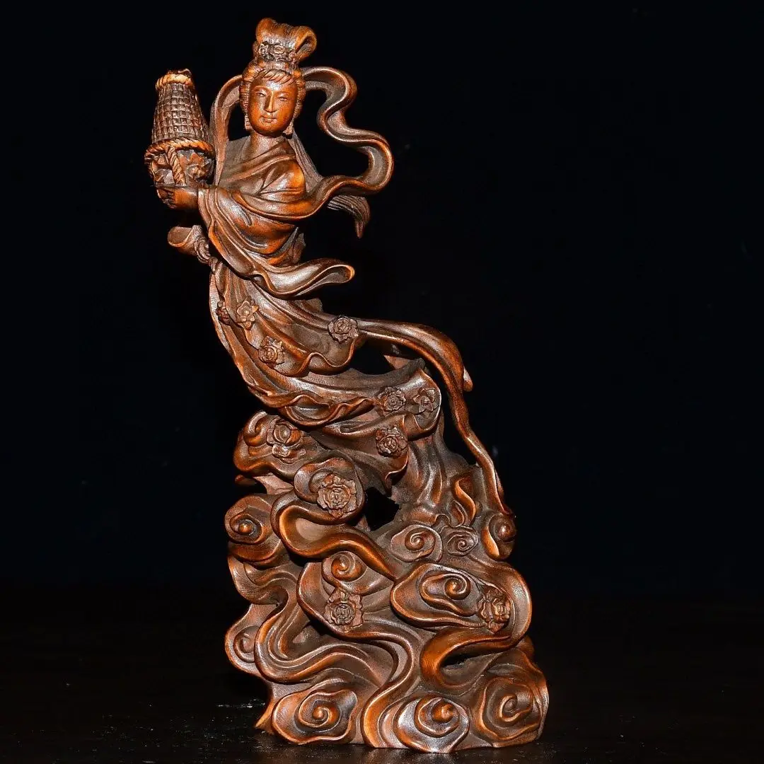 Hand Carved Wood Auspicious clouds, heavenly maiden scattering flowers Statue Figurine Desktop Ornaments Home Decoration