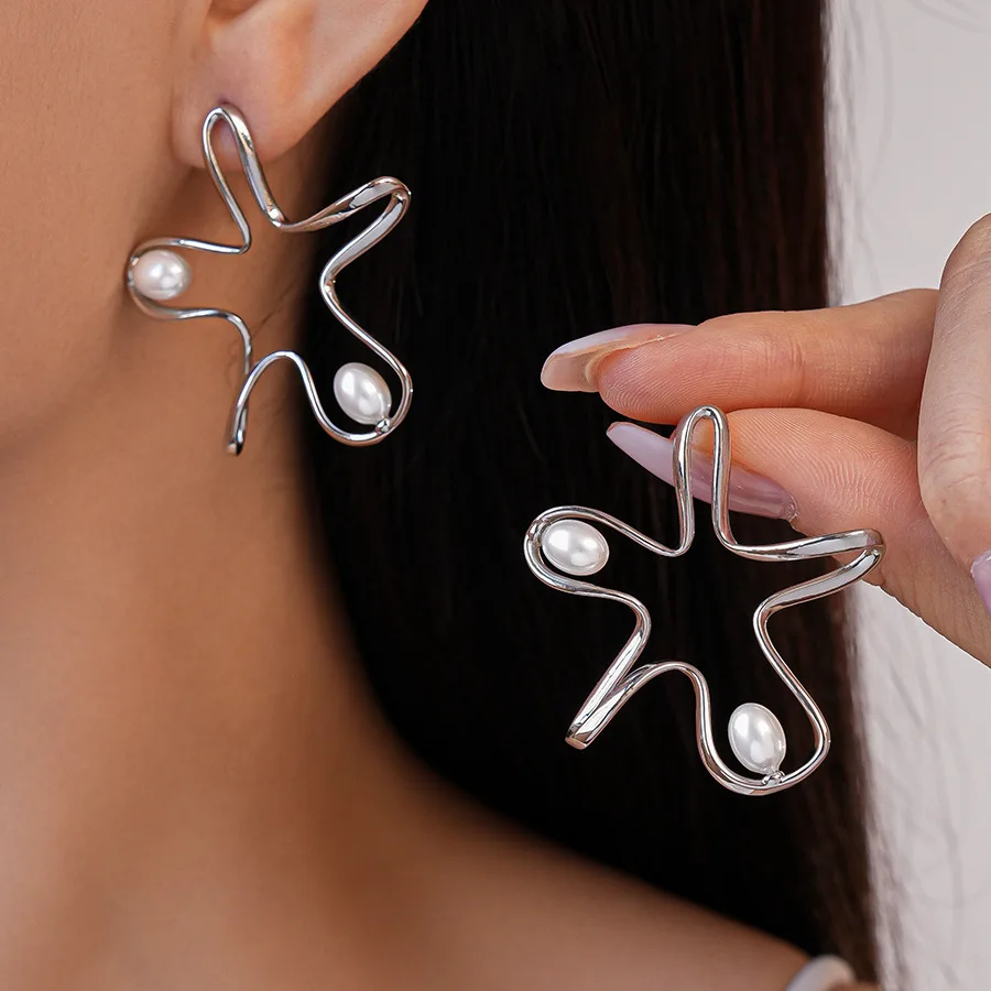 Imitation pearl line three-dimensional flower silver needle earrings simple niche personality temperament fashion high sense