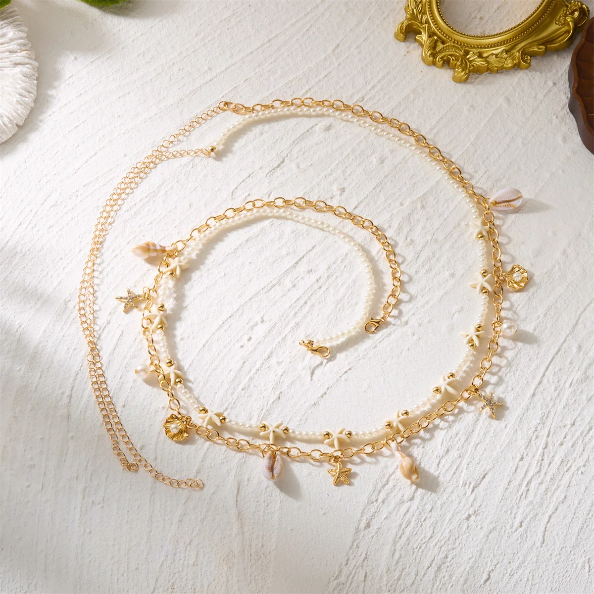 Sommerliche Strand-Taillenkette für Damen, Bohemian-Stil, doppellagig, mit Seestern- und Muschelperlen, Bauchkette, Urlaub, Bikini-Körperschmuck – Detail 7