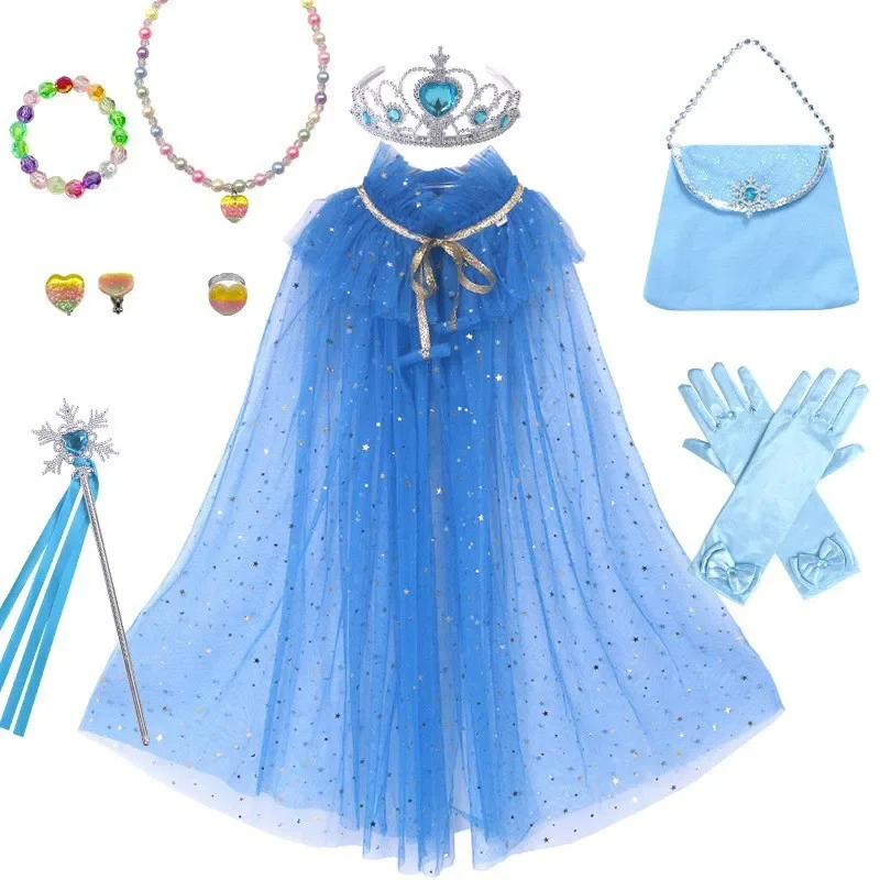 

Party Cosplay Cape Costume Colorful Kids Girls Princess TulleSequins Princess Cloak with Tiara Magic Wand Set