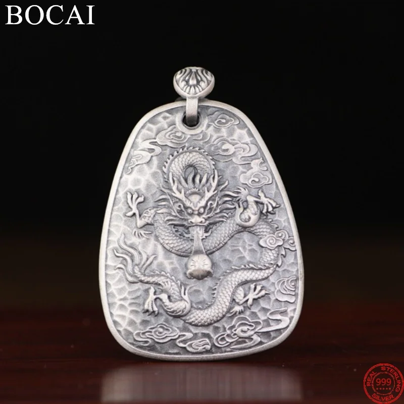 

BOCAI S999 Sterling Silver Pendants for Women Men Auspicious Cloud Cloisonne Zodiac Dragon LongXingTianXia Jewelry Free Shipping