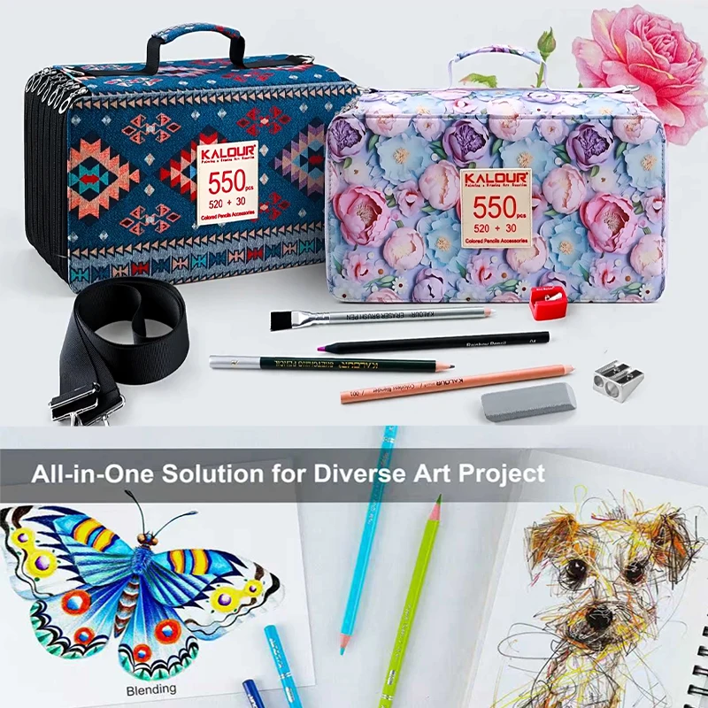 

KALOUR 550pcs Colored Pencils Zipper Shoulder Case Set Vibrant Color Oil Based Soft Core Professional Art Sketch Kit Travel Gift