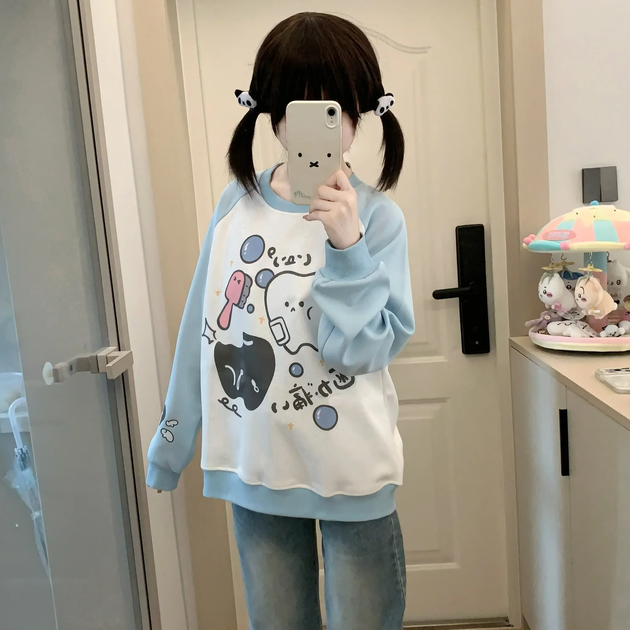 Japan Style Kawaii Loose All-match Pullover Top O-neck Long Sleeve Color Matching Sweatshirts Autumn Winter Casual Fashion Hoody