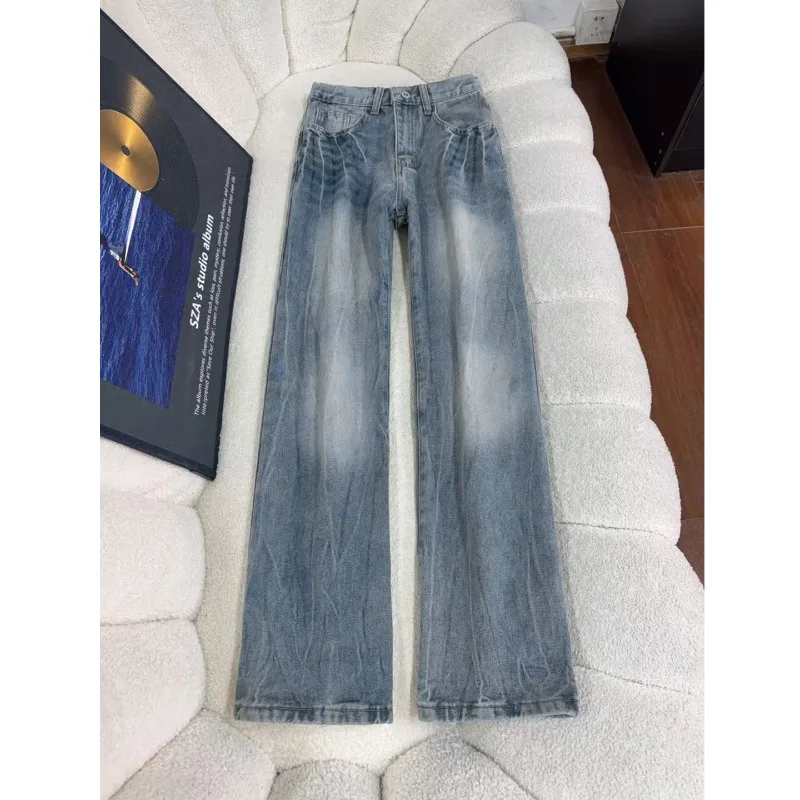 Men's Casual Loose Straight Leg Jeans American High Street Floral Lightning Crack Washed Denim Pants Bell Bottoms