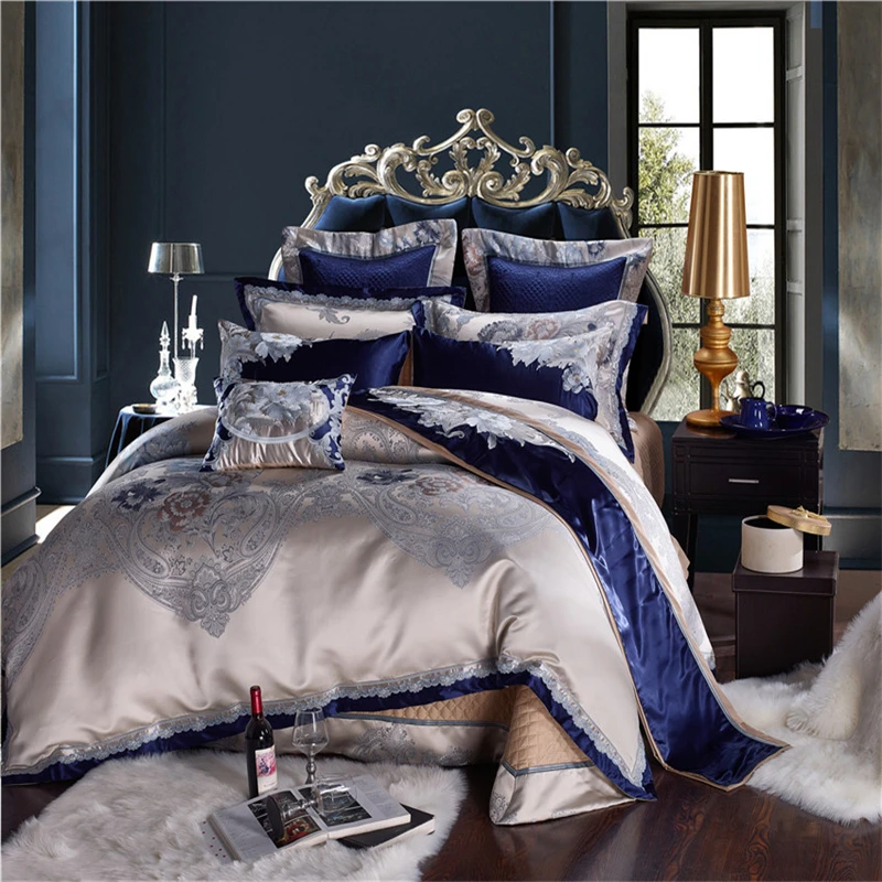 Blue Silver Silk Cotton Satin Jacquard Luxury Chinese Bedding Set Queen King size Bedding Set Bed Sheet/Spread Set Duvet Cover