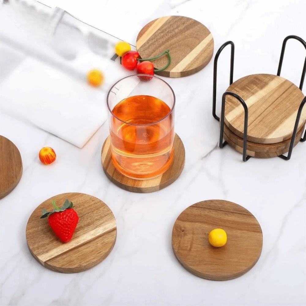 6PCS 2 in 1 Wood Coaster with Bottle Opener Non-Slip Round Insulated Cup Pad with Storage Rack Party Cup Mat Set