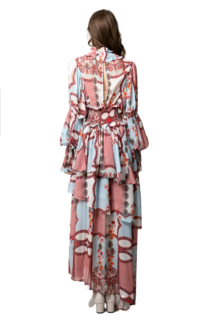 Women's Dresses Stand Collar Long Sleeves Printed Asymmetrical Elastic Waist Elegant Designer Vestidos