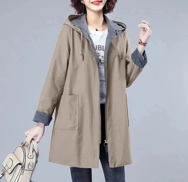 

Casual Jacket Windbreaker Women's Mid Length Spring And Autumn New Female Pocket Loose Korean Version Hooded Women's Jacket