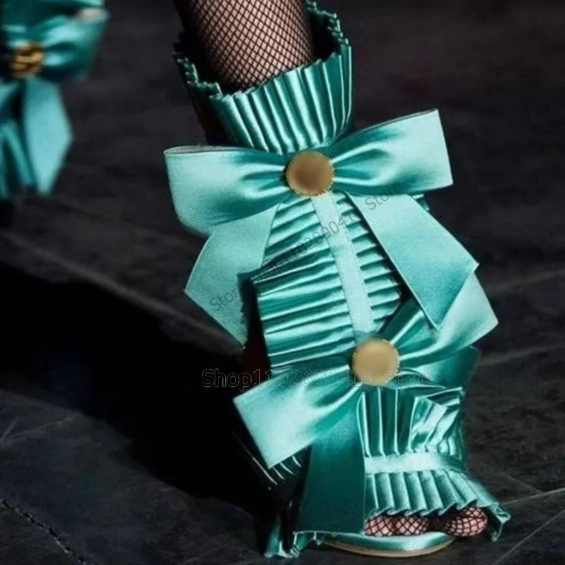 รองเท้าส้นสูงแบบเปิดนิ้วเท้า ดีไซน์จีบประดับโบว์หลากสี แฟชั่นใหม่ 2023 รองเท้าผู้หญิง