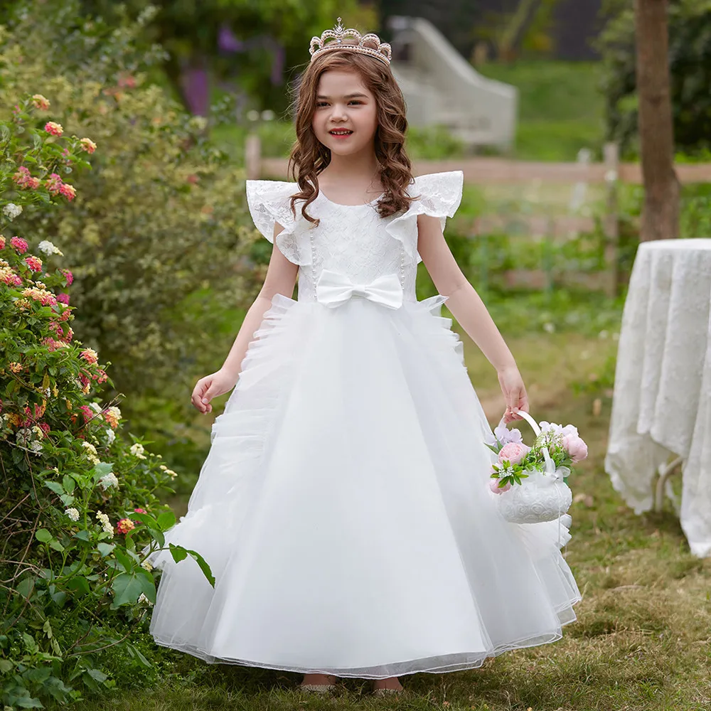 

8-14 Years White Wedding Bridesmaid Princess Dresses For Girls Birthday Party Prom Gown Puffy Mesh Carnival Evening Ball Gown