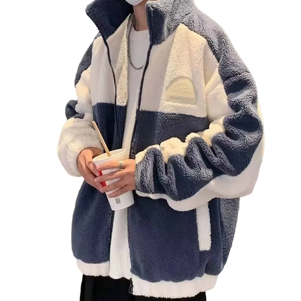 

Men Korean Style Lamb Fleece Coat Cardigan Loose Fit Splicing Casual Jackets Outerwear for Spring Autumn Winter