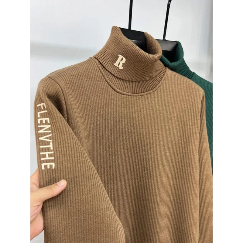 

High end brand trend letter embroidery knitted sweater men's autumn winter new plush thickened casual warm high collar pullover