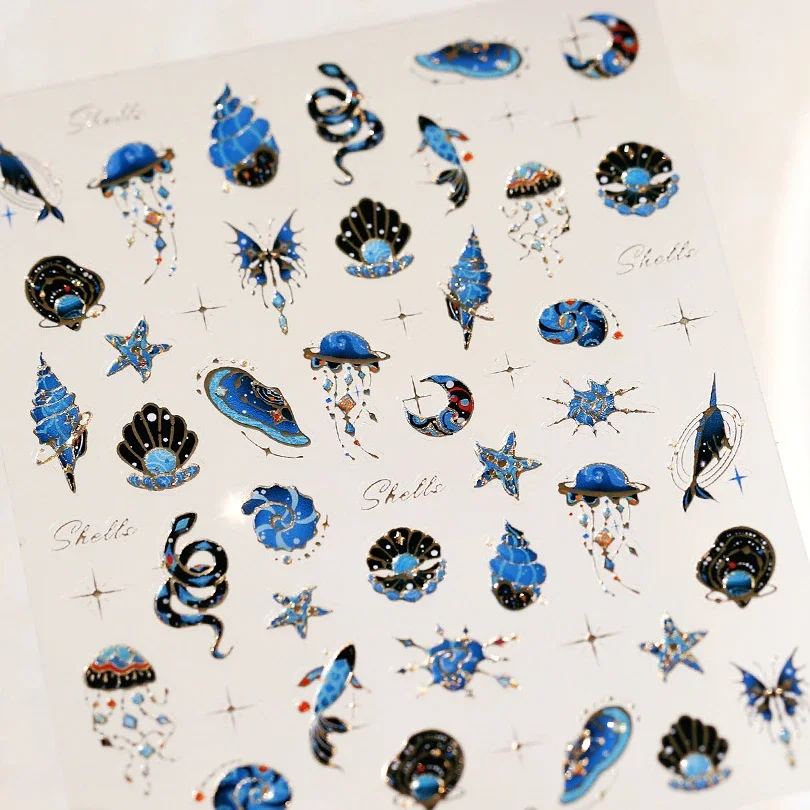 Blue Butterfly Planet Star Conch Snake Shell Clam Pearl Whale Jellyfish Moon Adhesive Nail Art Stickers Dreamy Manicure Decals