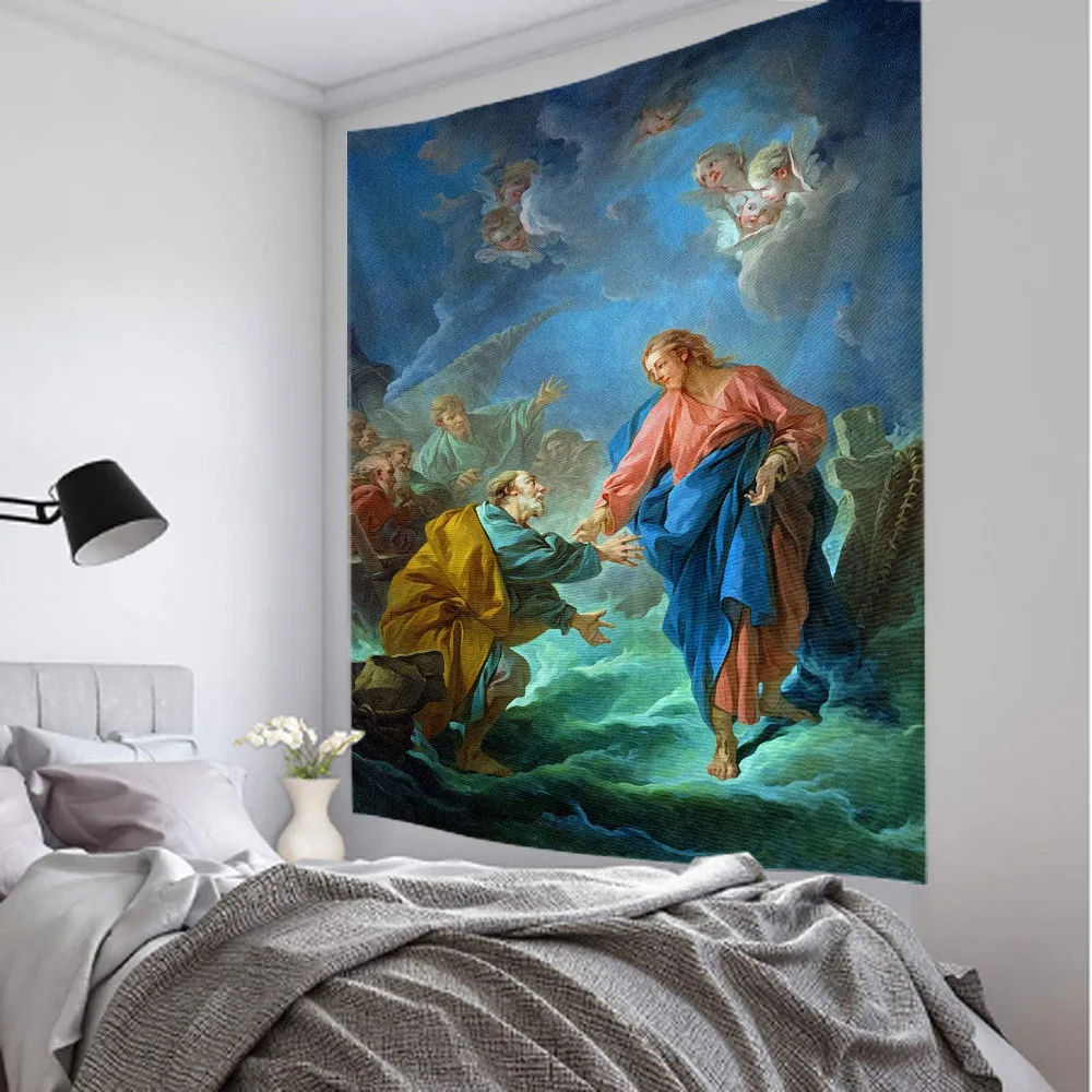 Vintage Oil Painting Tapestry Christmas Scene Jesus Angel Easter Wall Hanging Christ Art Home Living Room Bedroom Decoration