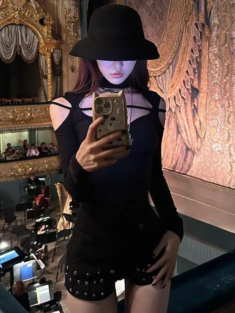 Yedinas Black Hollow Out T Shirt Women Clothes Long Sleeve Korean Fashion Slim Spring Autumn Tops Sexy Tees Female Clothing Y2k