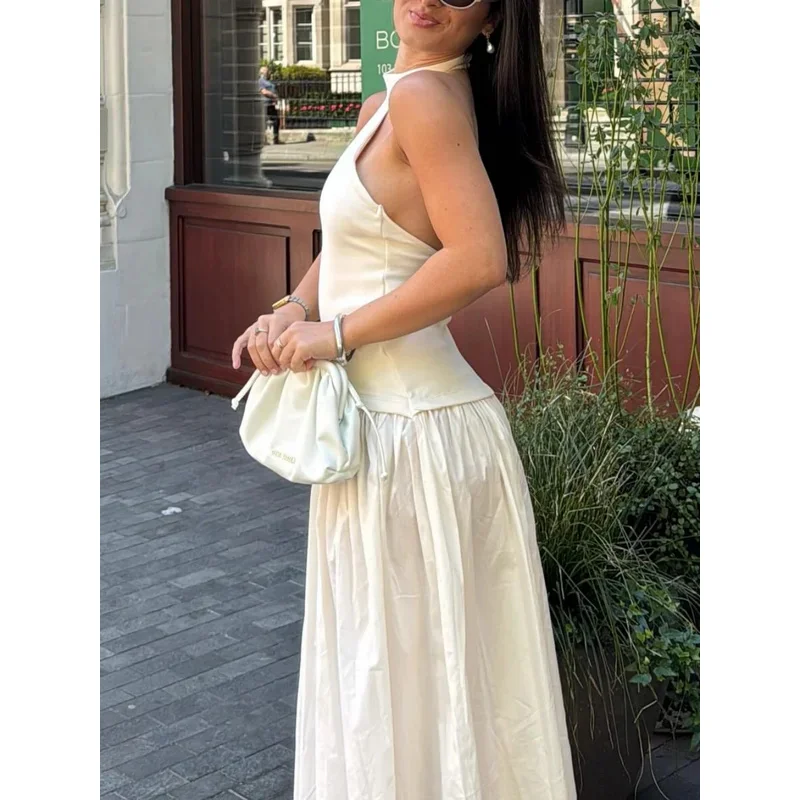 Elegant Backless Midi Dress for Women Casual Knitted Tight Top Stitching Pleated Long Skirt Sexy Summer Party Dinner Date
