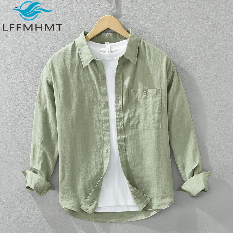 

6688 100% Linen Good Quality Men's Shirt Japan Style Solid Color Simple Basic Classic Long Sleeve Blouse Breathable Daily Tops