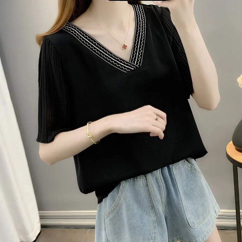 

Chiffon shirt with flare sleeve for women, loose and thin clothing, solid color, casual, fashion, summer