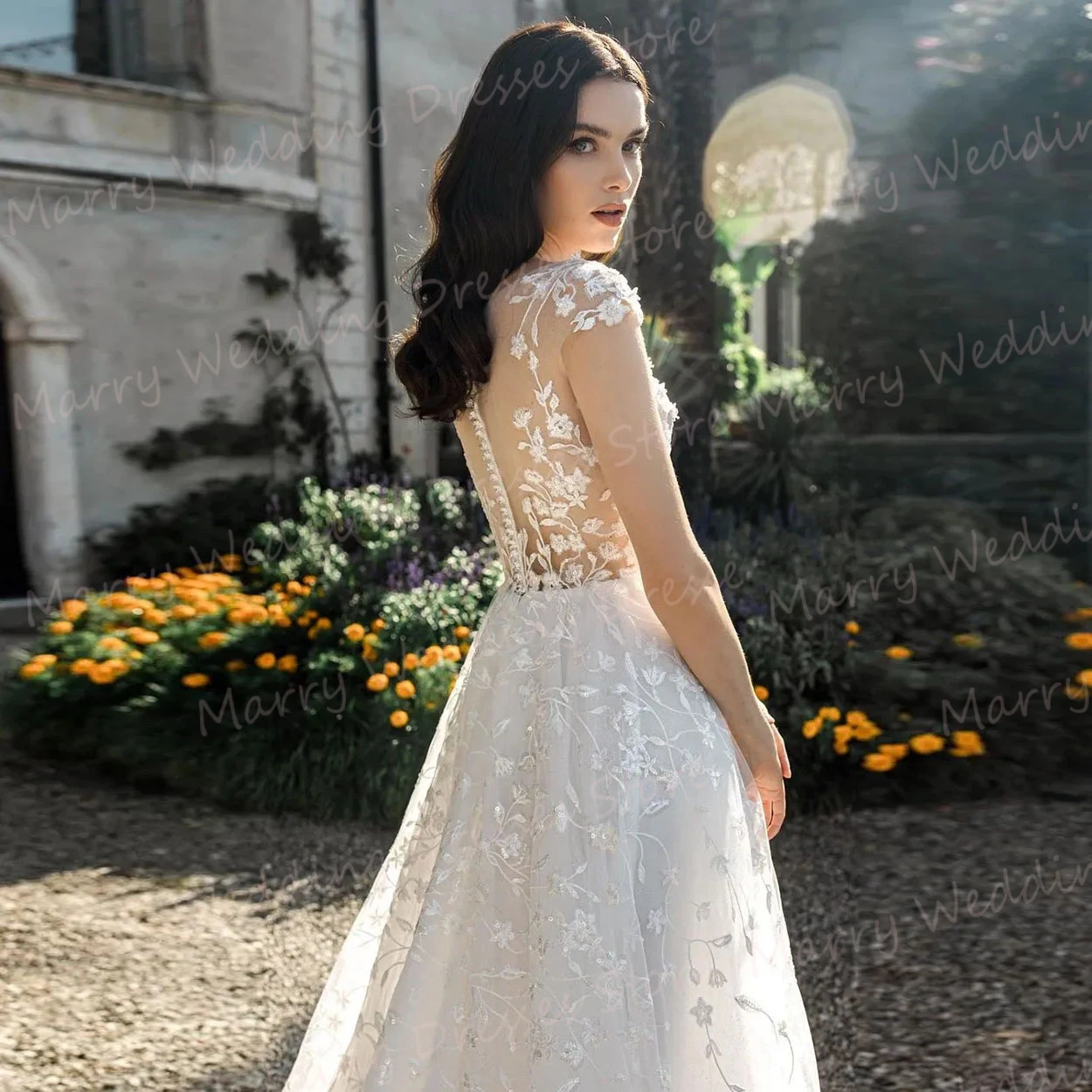 Bellissimi abiti da sposa a-line con scollo a v Illusion Lace Appliques abiti da sposa per le donne paillettes lucide senza maniche Sweep Train 2024