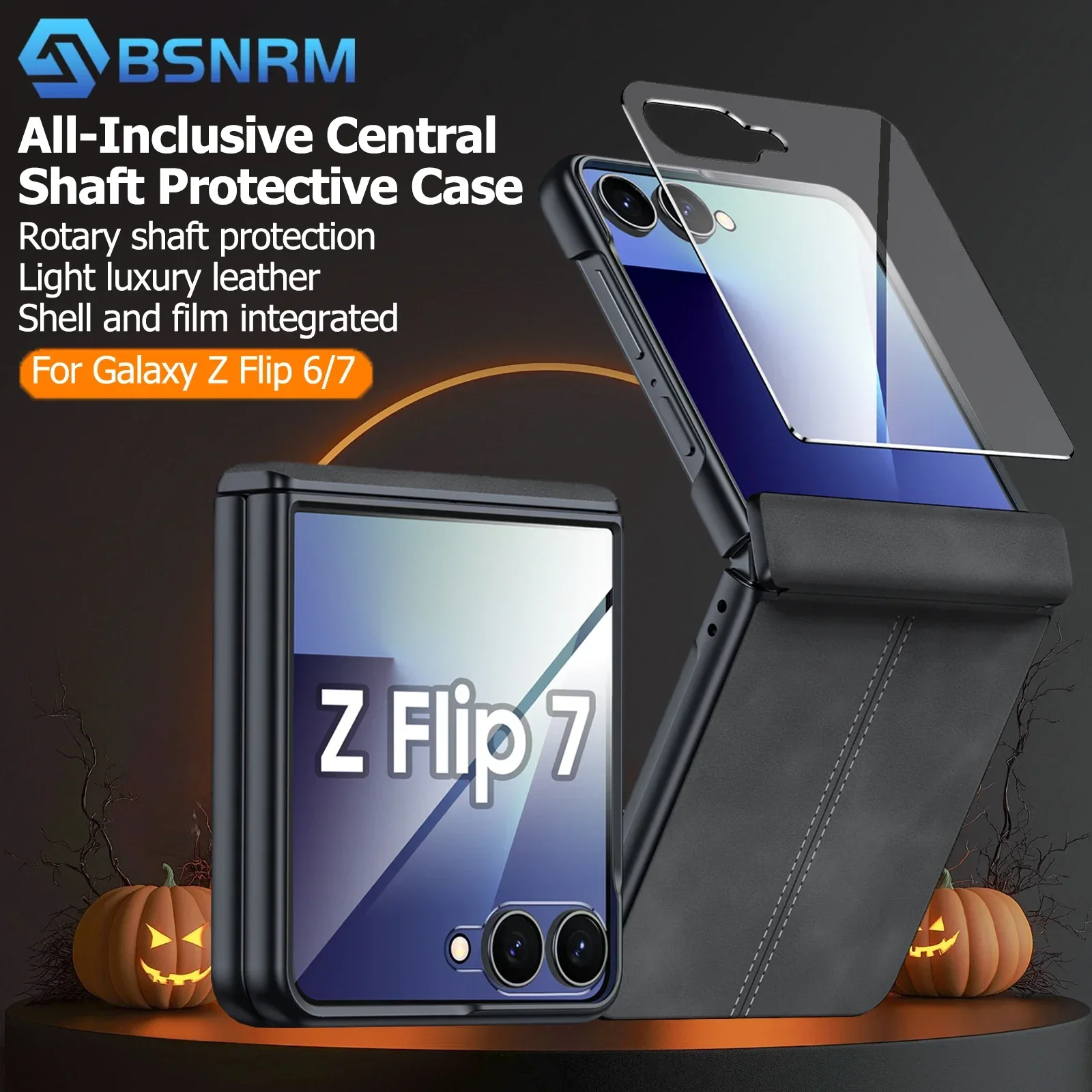 

Подарки на Хэллоуин для Galaxy Z Flip 6/7/7FE, защитная пленка для экрана, защита шарниров, ультратонкий матовый чехол для телефона из искусственной кожи, черный