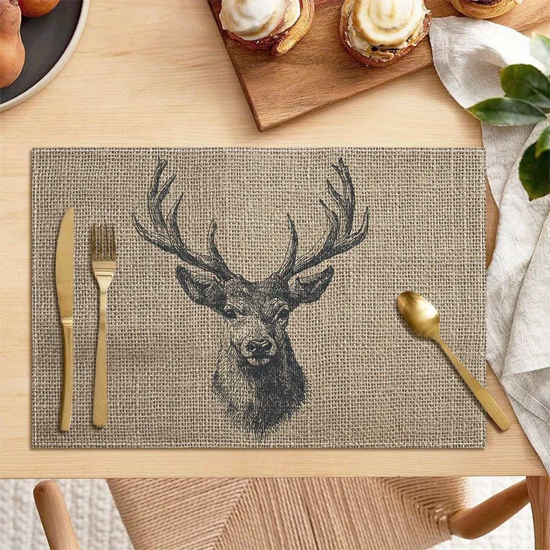 Vintage Hand Drawn Deer Head Heat Resistant Washable Table Placemats Kitchen Dining Decor 4 Piece Set