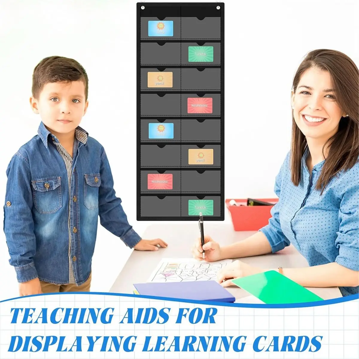 giftnew Classroom Calendar Pocket Chart PVC Blank Monthly Calendar Index Card Holder Versatile Wall Organizer for Teacher