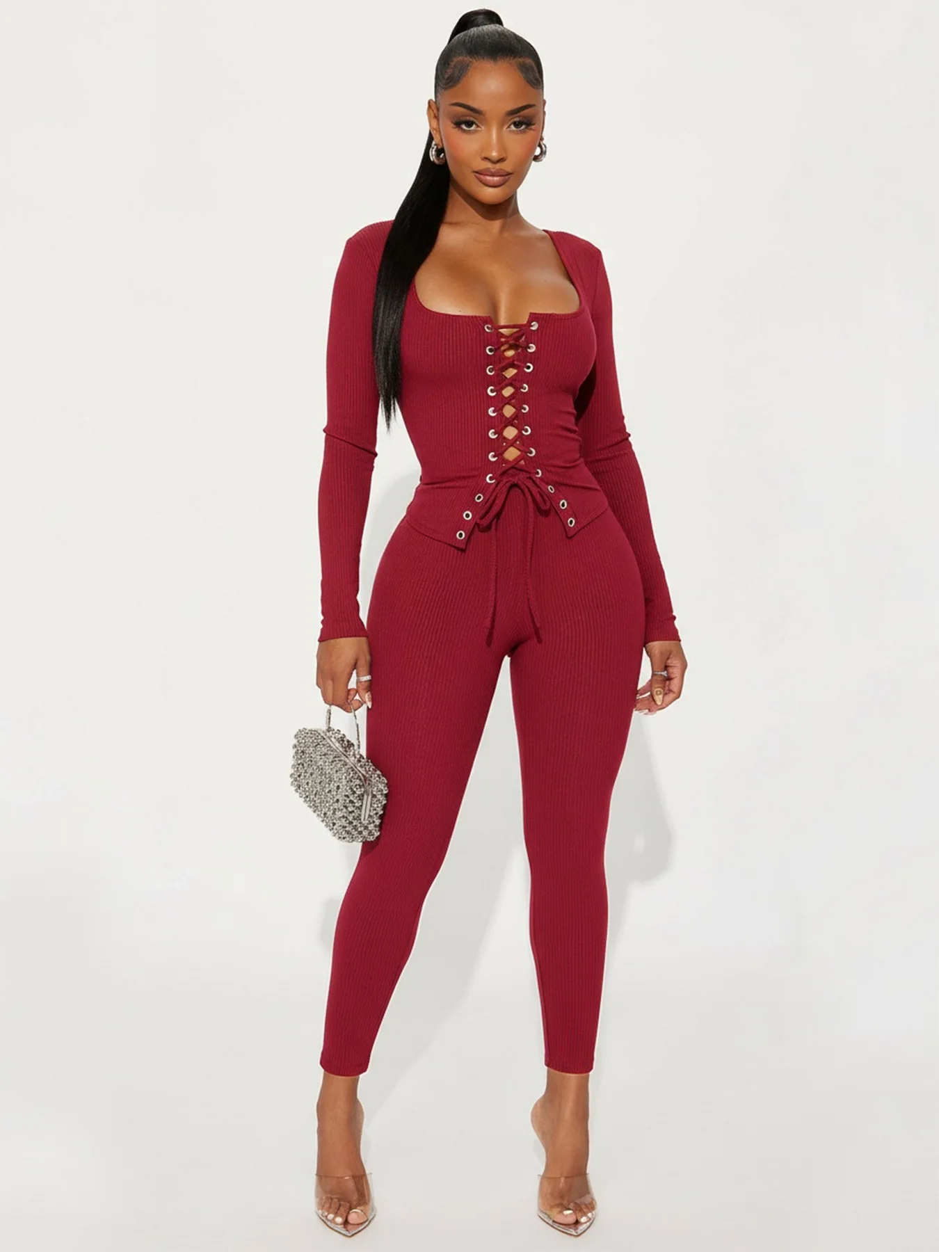FLARORA élégant pansement 2 pièces ensemble femme couleur unie coupe ajustée à manches longues hauts et pantalons maigres tenues mode femme Streetwear