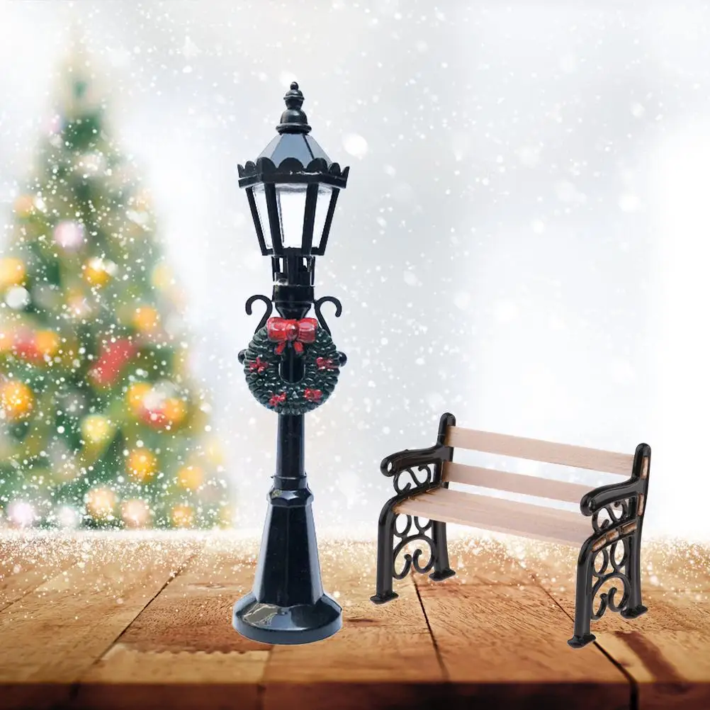 2Pcs Miniature Christmas Street Lamp Post Park Bench Seat Mini Street Light Model Dollhouse Xmas Village Pathway Fairy Garden