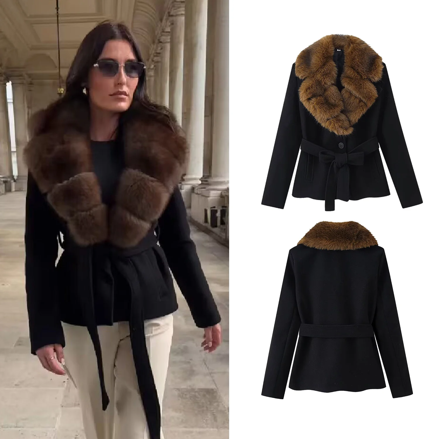 

Women Black Elegant Faux Fur Lace Up Woolen Coat Shawl Collar With Belt Lady Full Sleeve Coat Female Autumn Winter Fashion Outwe