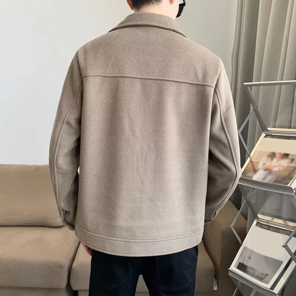 Men\'s Warm Woolen Coat Slim Fit with Turn Down Collar Single Breasted Long Sleeve Outerwear for Casual and Business Use