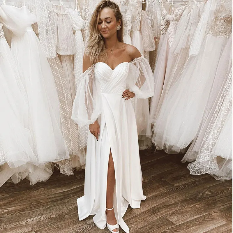 

European and American Evening Dress Pearl Puff Sleeve Wedding Dress Sexy Strapless Satin