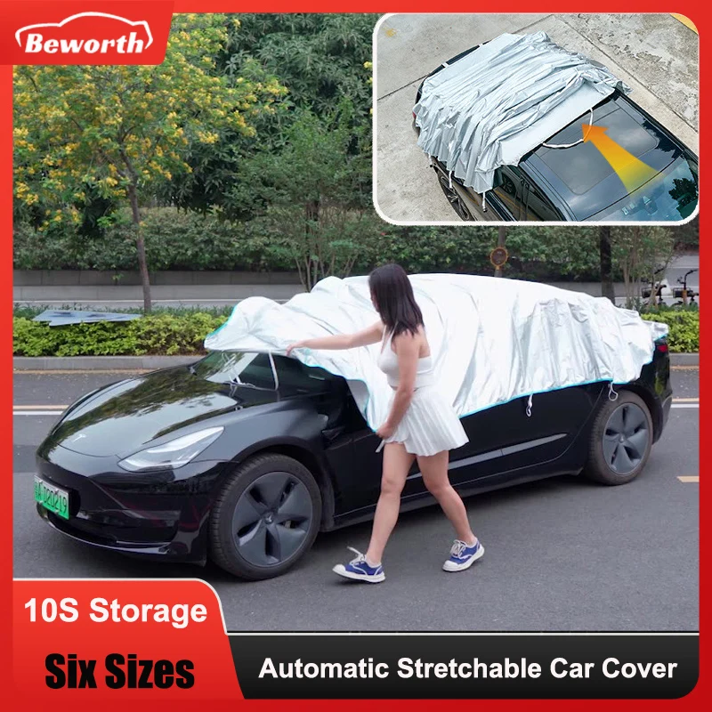 Automatic Car Cover for Tesla Model 3 Y Auto Retractable SUV Waterproof Reflective Strips 10S Storage Folding Portable Exterior