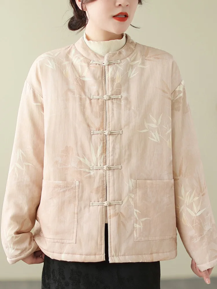 

Новый китайский хлопковый тюнет, женская зимняя свободная повседневная теплая верхняя одежда с принтом на пуговицах, длинный воротник-стойка