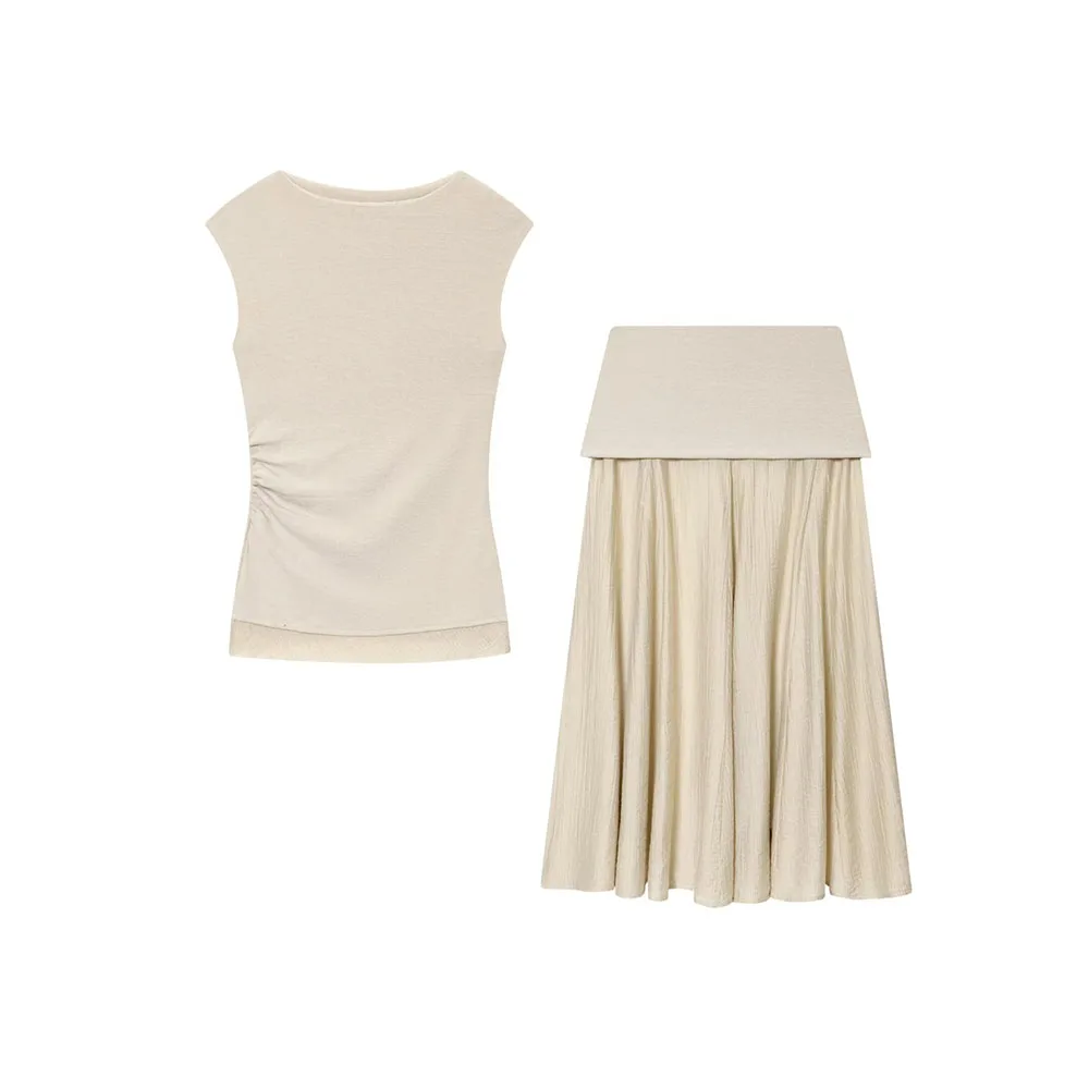 เสื้อพลีทผ้าเนื้อนุ่มสำหรับผู้หญิงคอลเลคชั่นฤดูใบไม้ร่วงและกระโปรงเอวกลาง