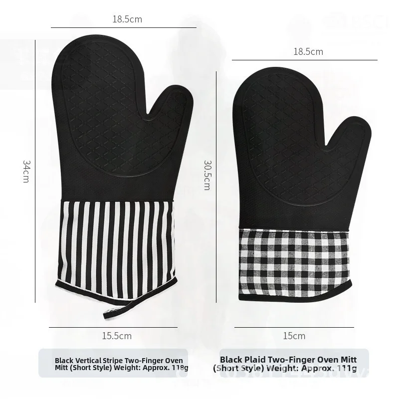 

Thickened Silicone Heat Insulation Gloves Set with Hand Clip And Oven Mitts for Microwave And Baking Gray Plaid 34CM Modern