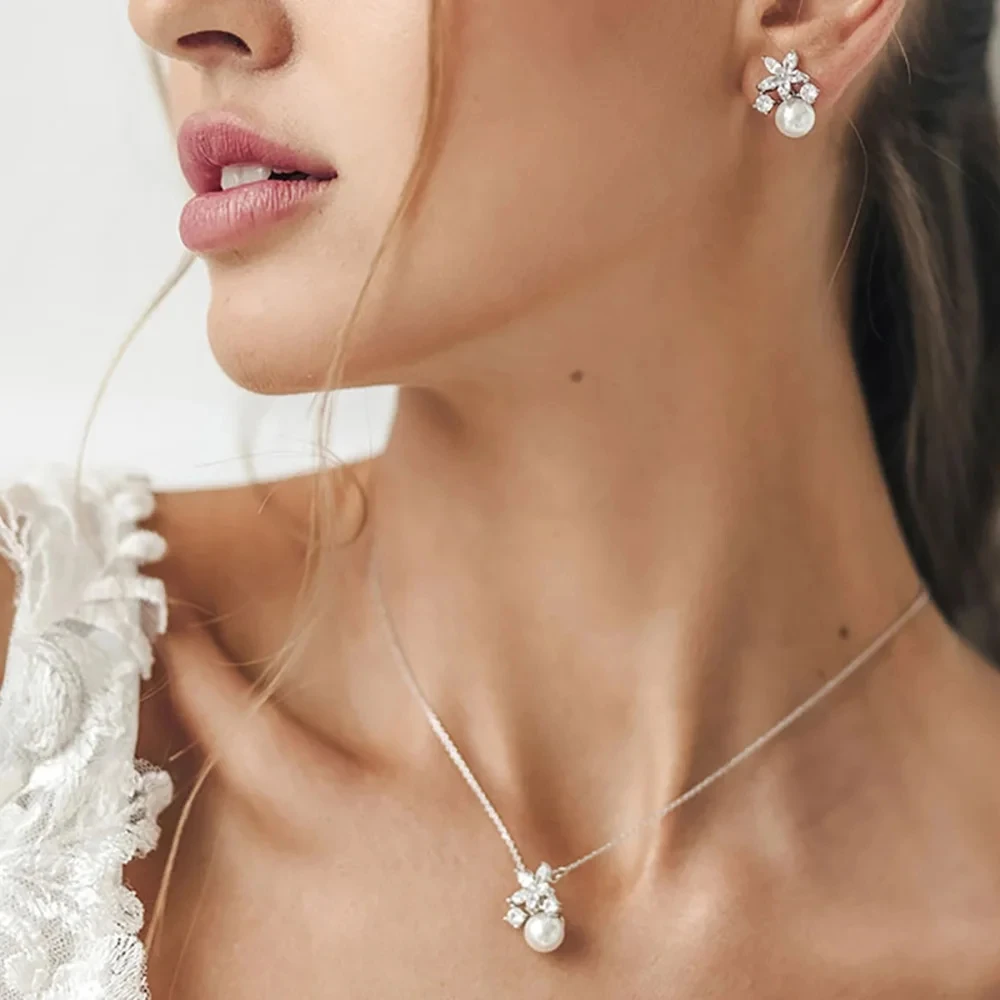 Stonefans Fashion Women Elegant Imitation Pearl Necklace Earrings Zircon Geometry Necklaces Bride Wedding Party Jewelry Set Gift