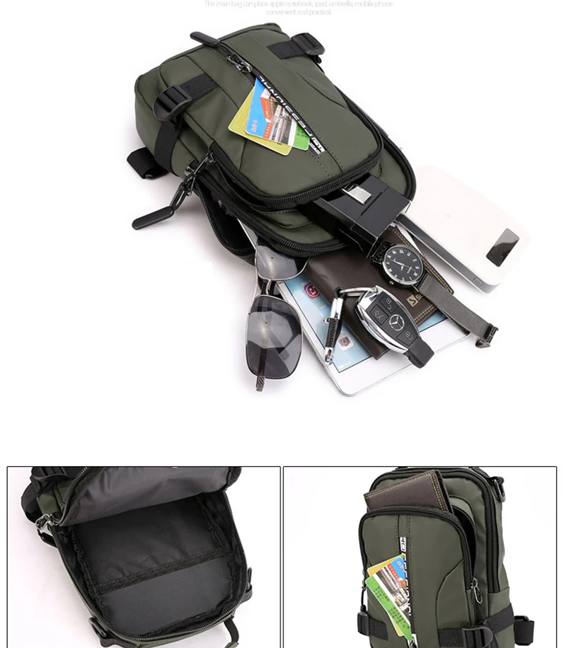 Mochila pequeña de nailon para hombre, bolso de hombro cruzado con puerto de carga USB, bolsa de pecho de mensajero lateral para viaje