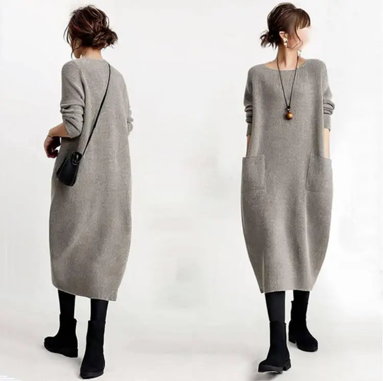 Kleider Frauen Gestrickte Lange Kleid Runde Kragen Taschen Strickwaren Maxi Kleid Gestrickte Vestidos Büro Dame Herbst Winter 2025,