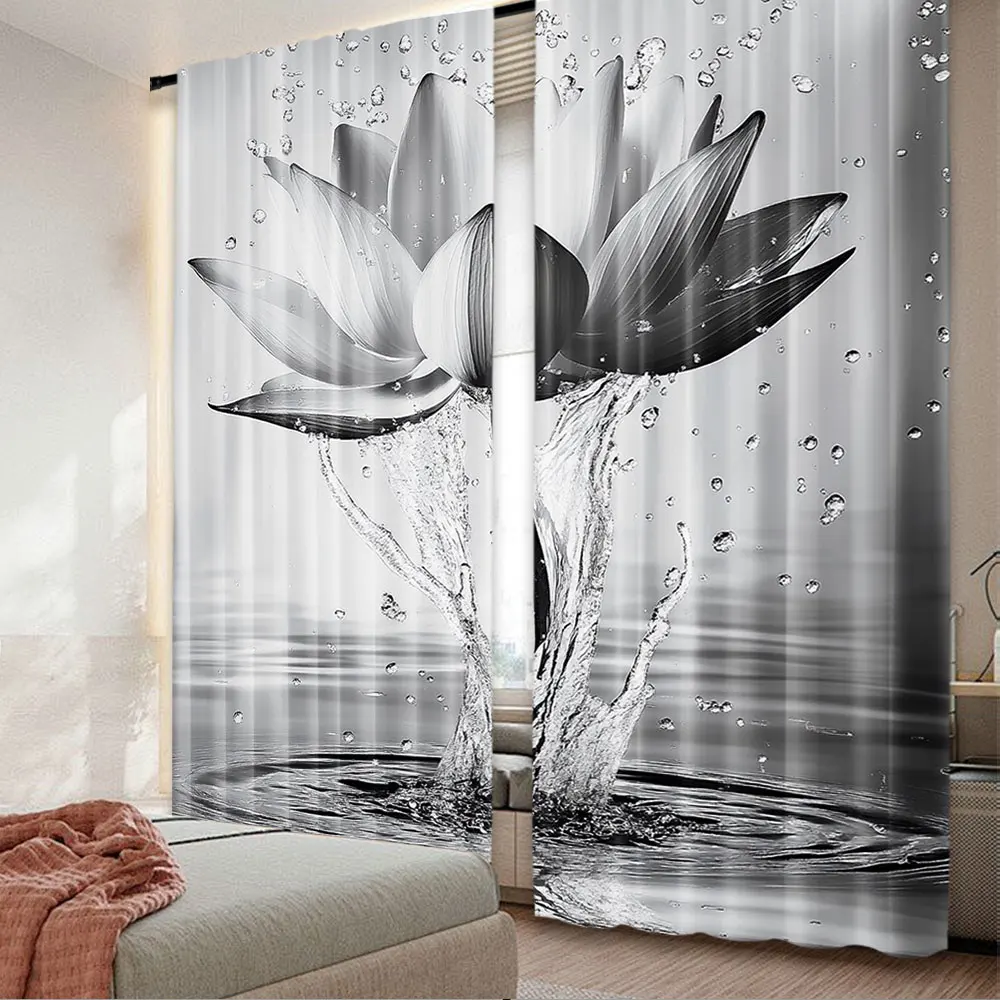 2Pcs Lotus Curtain Black White Grey Flower Elegant Blooming Floral With Dew Spring Flower On Water Modern Romantic Bathroom