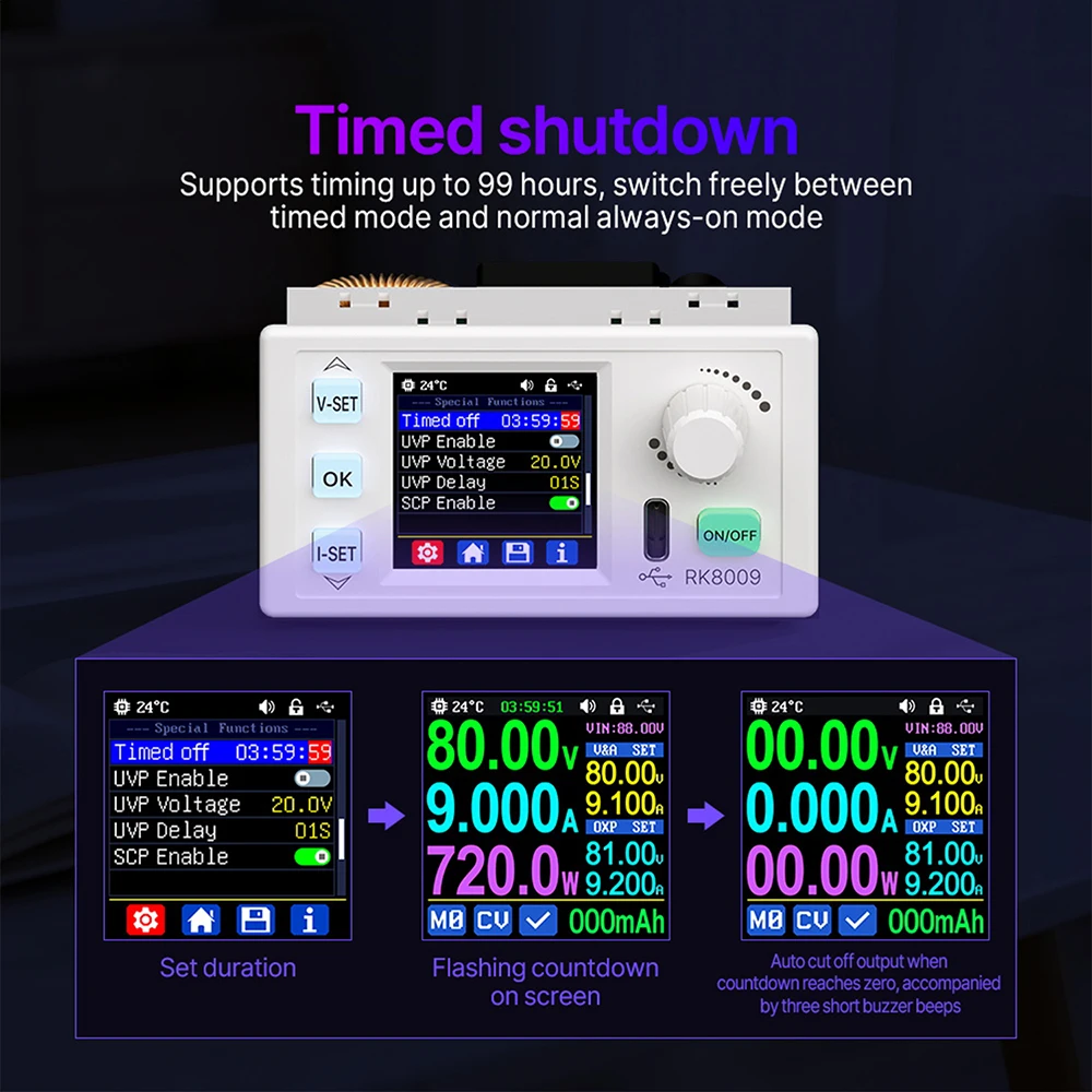 RK8009 RK8009-BT 1.54'' DC Digital Step-down Power Supply 0-80V 0-9A Adjustable 720W Constant Voltage/Current &Timer Function