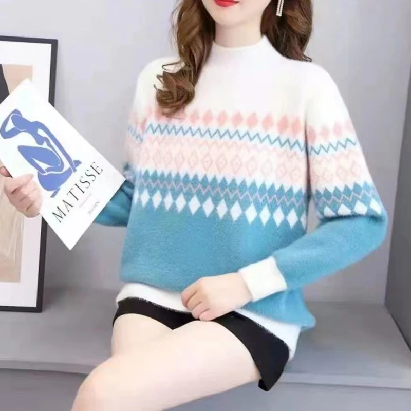 Sweater Korea lengan panjang wanita, atasan Pullover lengan panjang kerah setengah tinggi kasual rajutan hangat warna kontras musim gugur dan dingin