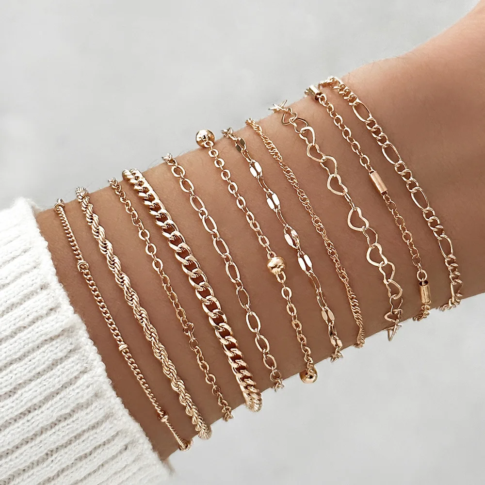 11Pcs Boho Twist Chain Bracelet Set For Women Punk Gold Silver Color Adjustable Cuban Link Bracelet Fashion Party Jewelry Gift