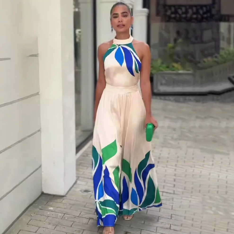 

2025 Summer New Fashion American European Women's Casual Trendy Elegant Sleeveless Wide Leg Printed Jumpsuits Female Clothes