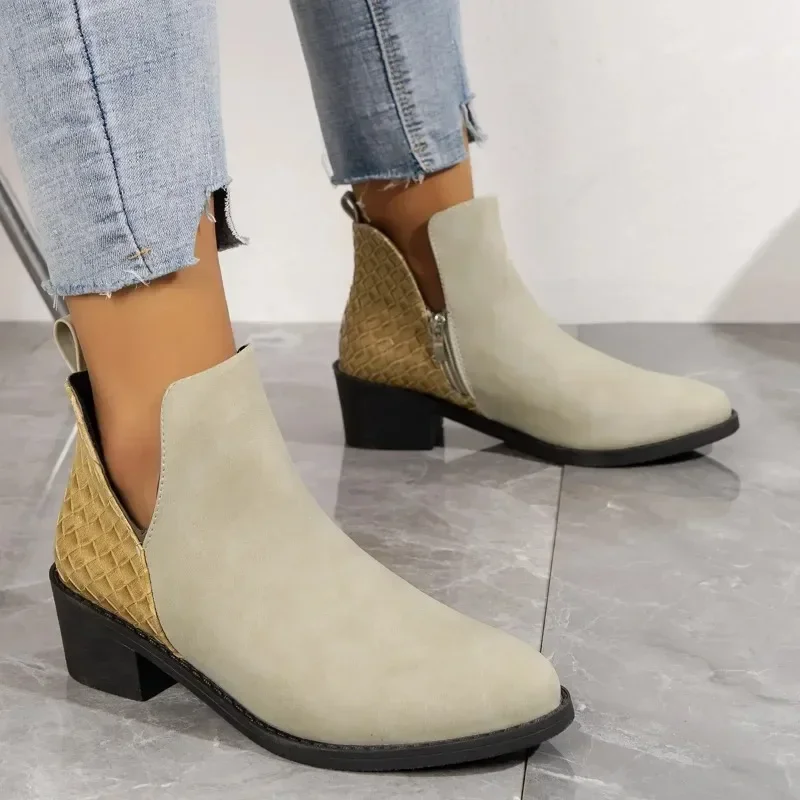 Suede Zipper Ankle Boots for Women 2023 Autumn Pointed Women Shoes Woven Patchwork Female Boot Concise Square Heel Chelsea Boots