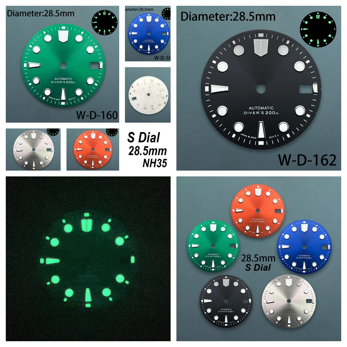 

28.5mm S Logo Diver's Dial Fit NH35/NH36/4R Movement C3 Green Luminous Sunburst High Quality Dial Watch Modification Accessories