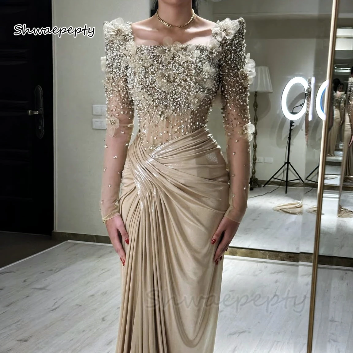 Elegant Beaded Evening Dress Long Sleeves 3D Floral Appliques Ruched Champagne Formal Dress Customized Reception Gown 2025 image 3