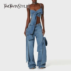 TWOTWINSTYLE Denim Two Piece Sets For Women Square Collar Sleeveless Vest High Waist Denim Pant Patchwork Bowknot Set Female New