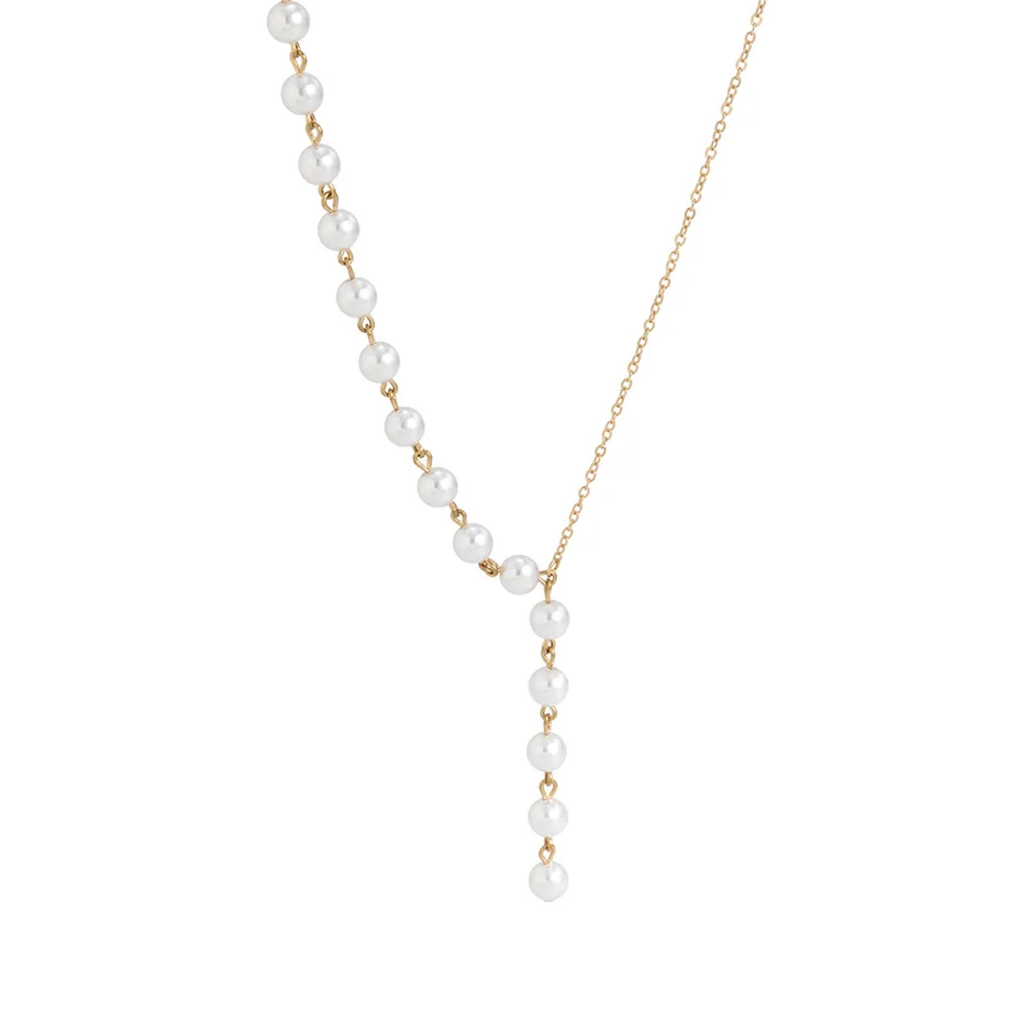 Ingemark Elegante Asymmetrische Imitation Perle Brust Kette Halskette Frauen Mi Braut Kpop Perle Lange Halsband Zubehör Schmuck Neue – Detail 12