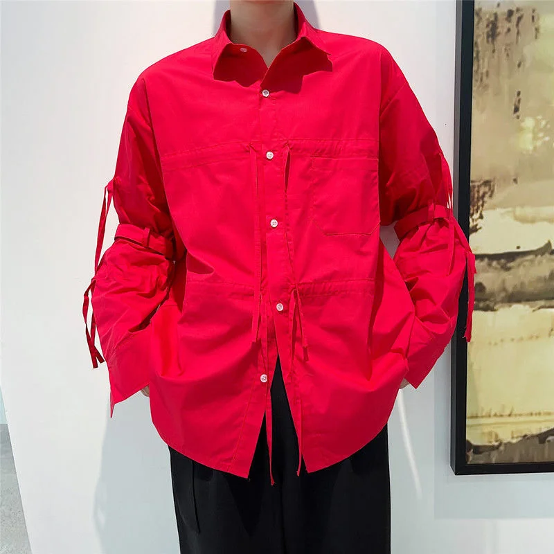 New Autumn Red Shirt For Men Functional Style Tops Drawstring Bandage Long Sleeve Casual Clothes Black Lapel Shirts 2Y2750